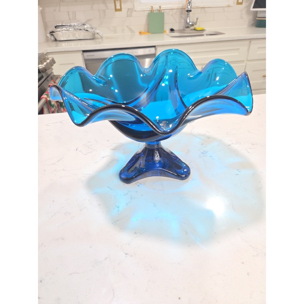 Viking Bluenique Crimped Rim Pedestal Compote Vintage